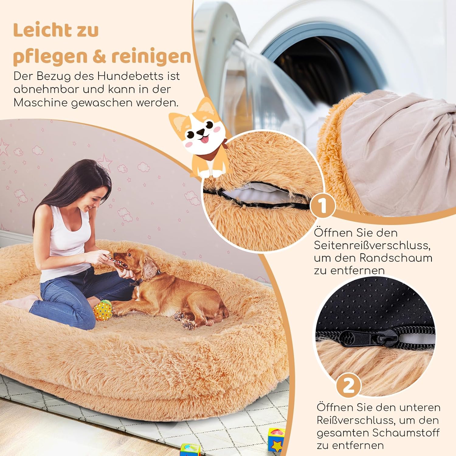 Hundebett riesig mit Kissen & Decke, Haustierbett orthopädisch flauschig waschbar